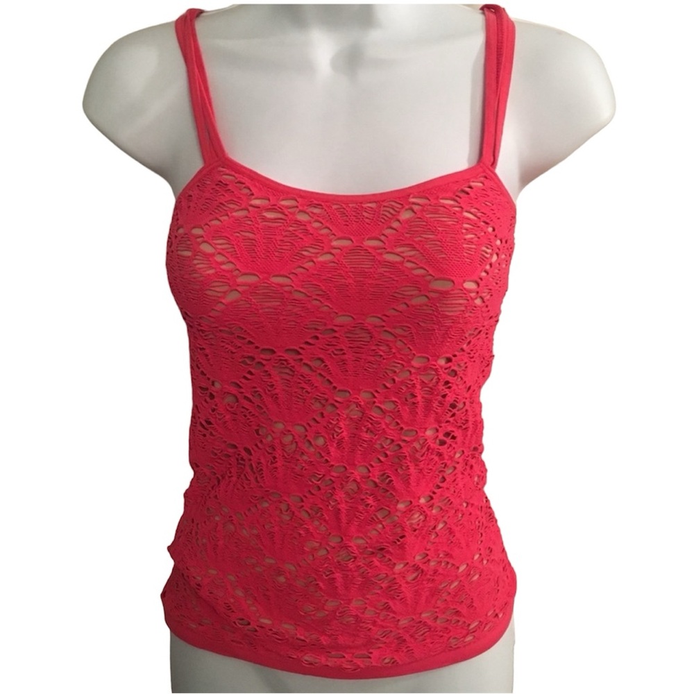 Bebe coral crochet tank has nude lining. with top Triple strap sz M /L stretch - Picture 2 of 5